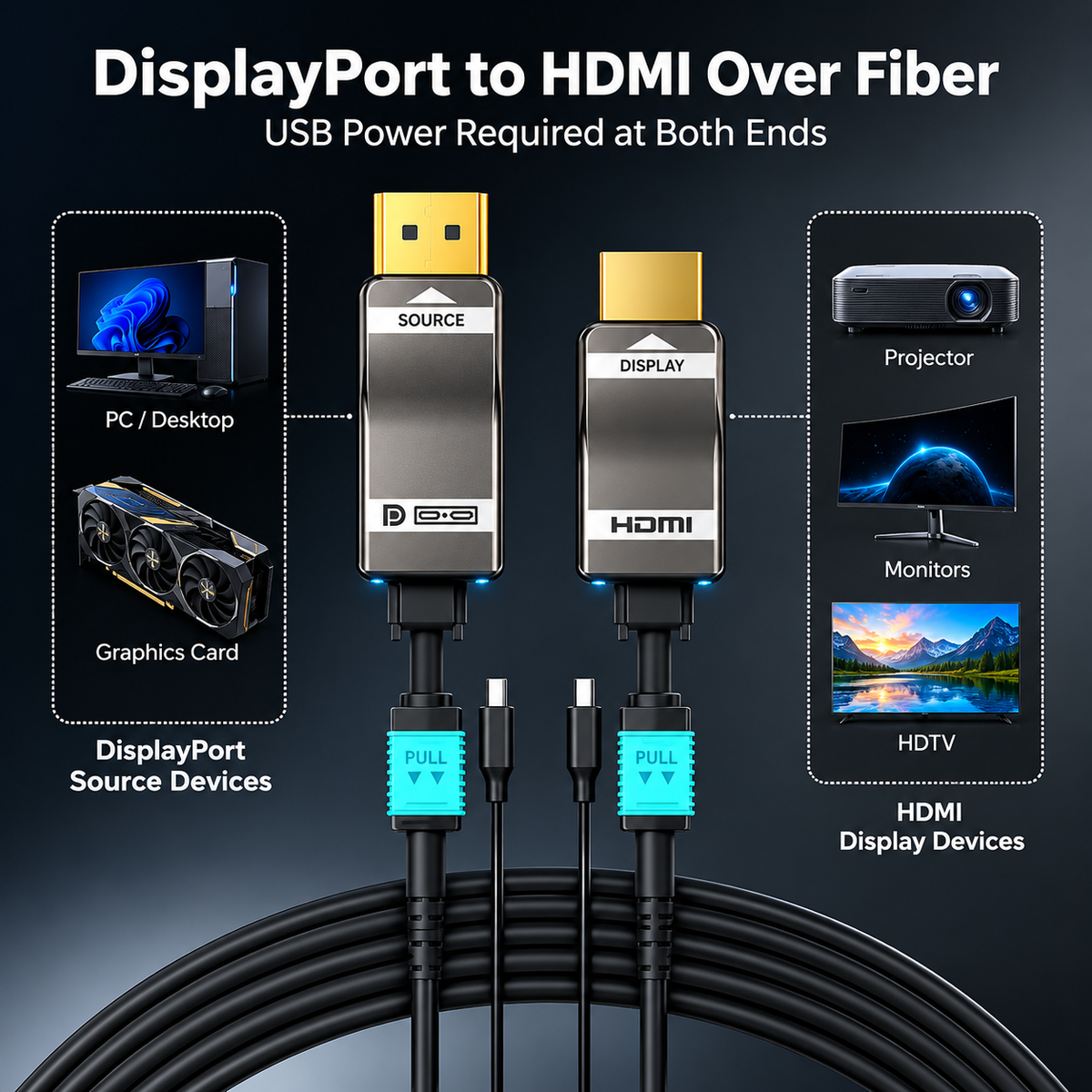 DisplayPort to HDMI over MPO Fiber System – 8K@60Hz, 4K@144Hz | Up to 300m (984ft) | DP 1.4 to HDMI 2.1 Detachable TX/RX