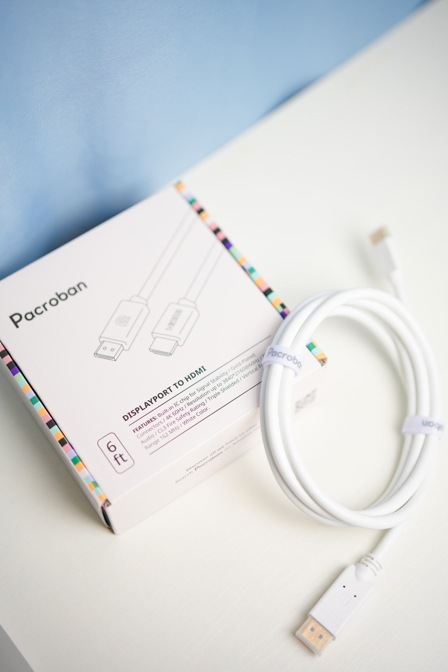 DisplayPort to HDMI Cable 4K 60Hz White Cord, CL3 Rated In-wall Safe