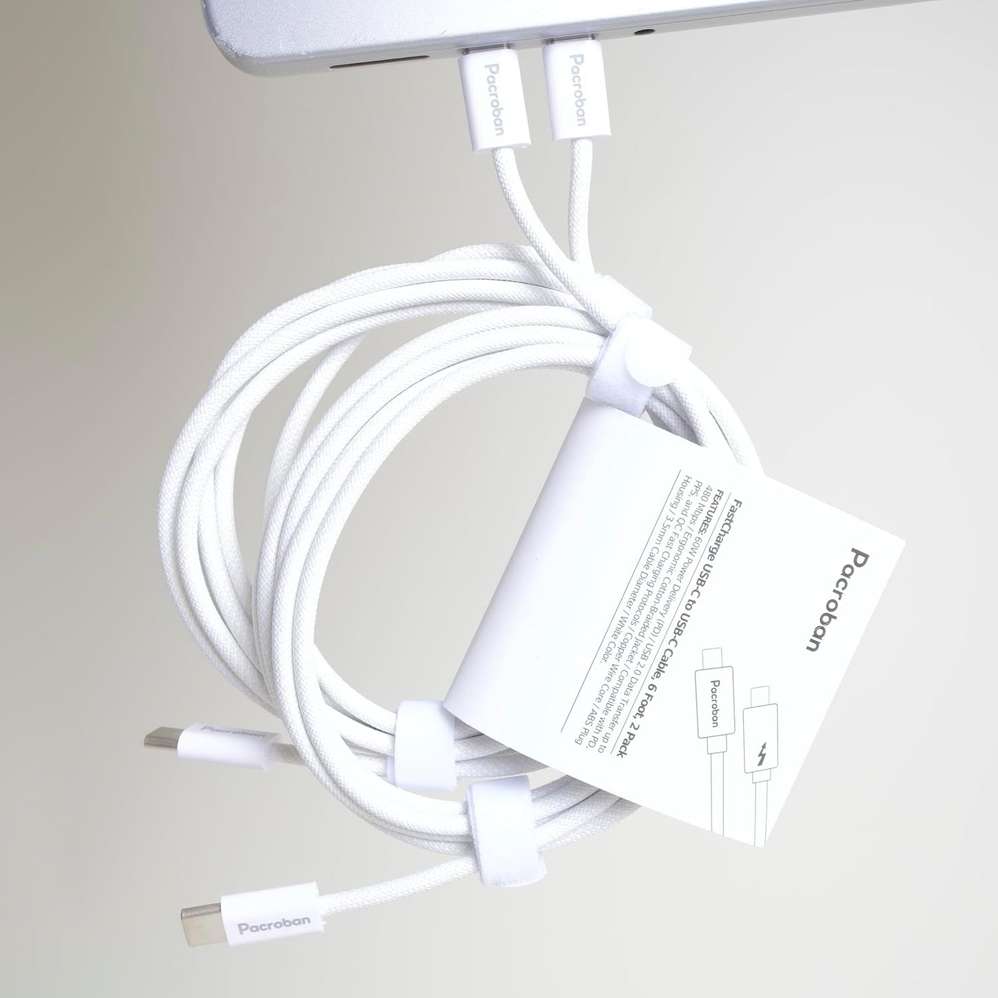 Pacroban USB-C to USB-C Cable White | 2 Pack Bulk Carton 100 pcs (6ft) | 60W PD Fast Charging, Type-C to Type-C | Wholesale & Bulk Orders