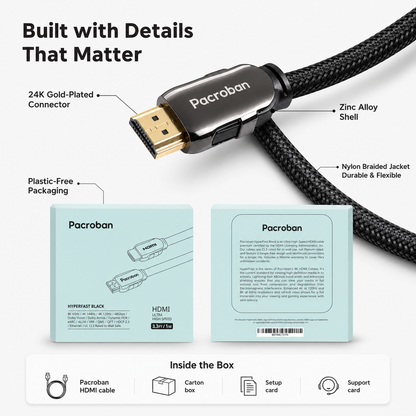 Hyperfast Black HDMI to HDMI 2.1 Cable - 8K 60Hz, 4K 120Hz, 48Gbps, HDDR, Dolby Atmos, HDR, VRR, CL3 In-Wall Rated
