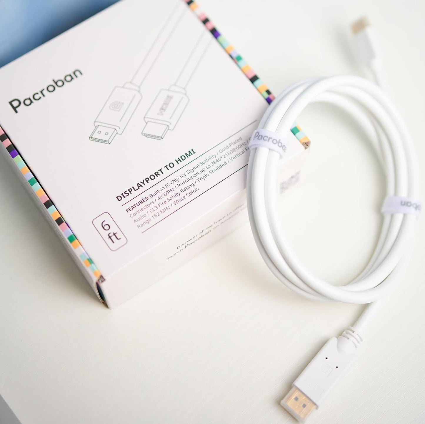 Pacroban DisplayPort to HDMI Cable White – Bulk Pack (6ft, 10ft) | 4K 60Hz, CL3 In-Wall Rated | DP (Source) to HDMI (Display) Wholesale