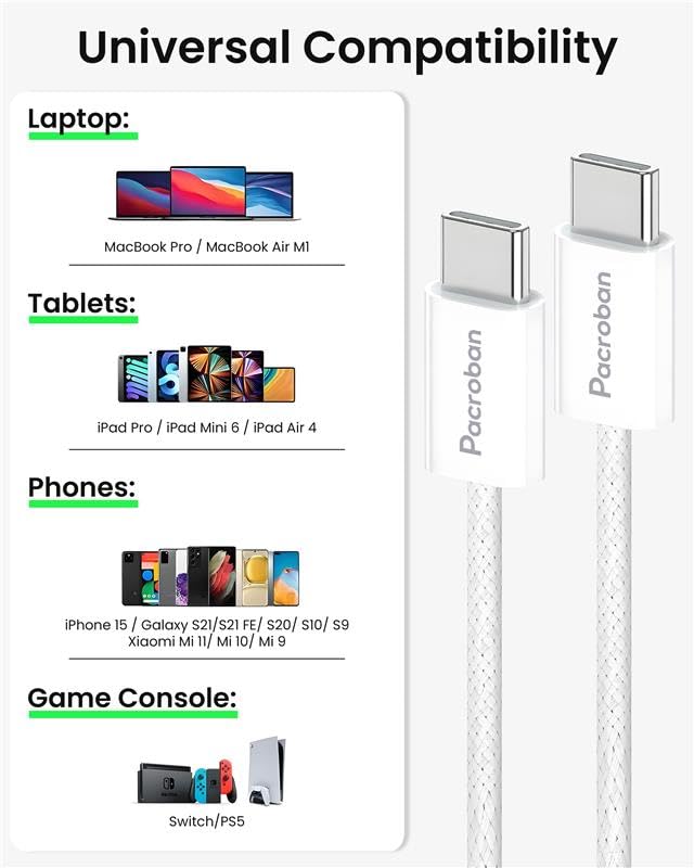 Pacroban USB-C to USB-C Cable White | 2 Pack Bulk Carton 100 pcs (6ft) | 60W PD Fast Charging, Type-C to Type-C | Wholesale & Bulk Orders