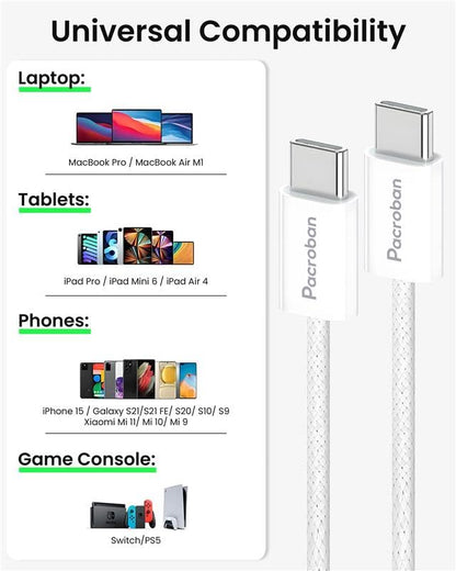 Pacroban USB-C to USB-C Cable White | 2 Pack Bulk Carton 100 pcs (6ft) | 60W PD Fast Charging, Type-C to Type-C | Wholesale & Bulk Orders
