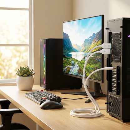 Lifestyle scene featuring the Pacroban DisplayPort 1.4 Cable connected to a sleek gaming PC and a 4K monitor in a modern, minimalistic workspace. The shot is captured with diffused daylight coming from a nearby window, creating a warm, inviting ambiance. T